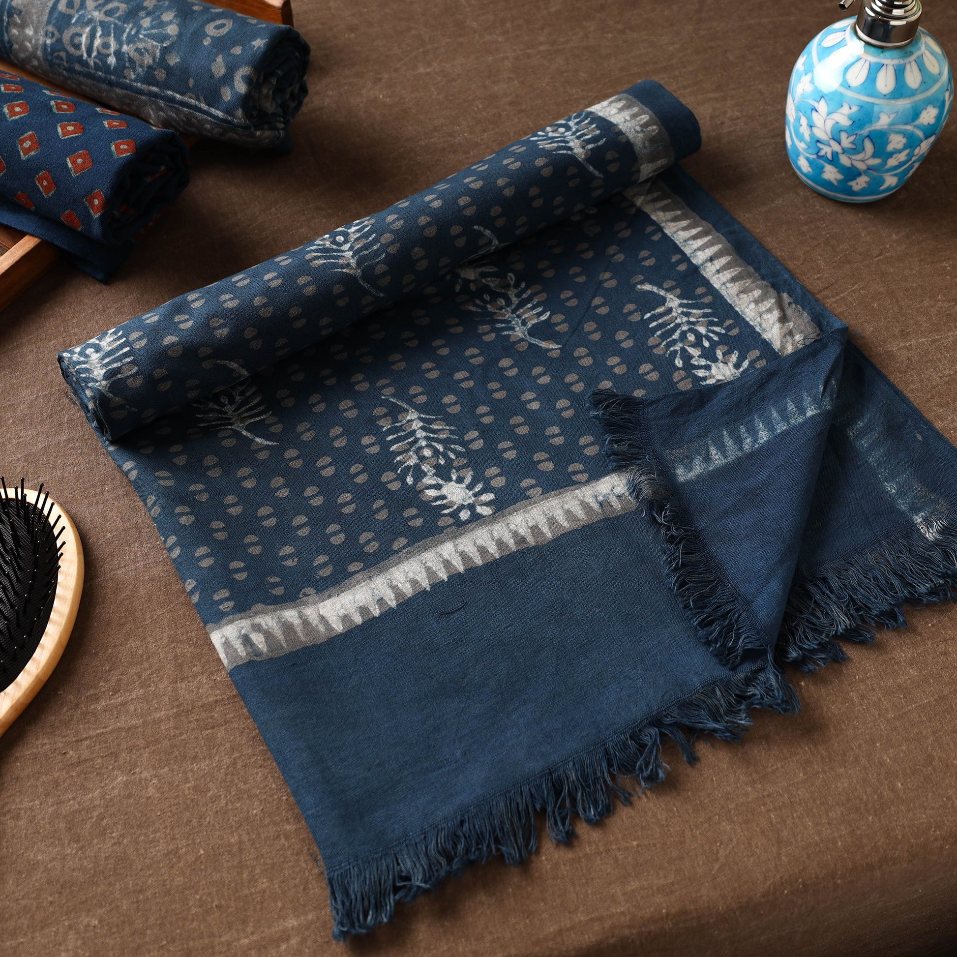 Blue - Akola Block Printed Pure Handloom Cotton Towel