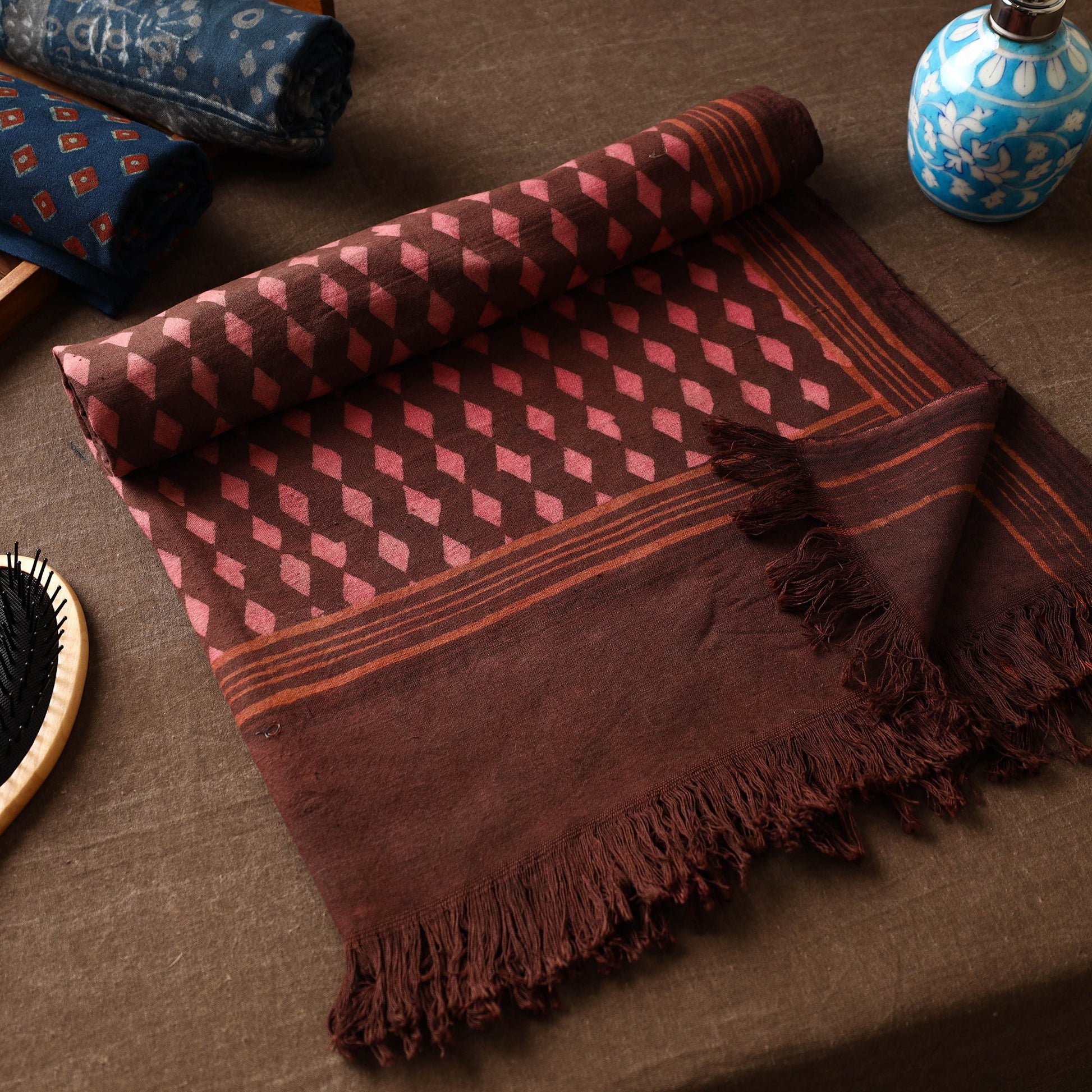 Brown - Akola Block Printed Pure Handloom Cotton Towel
