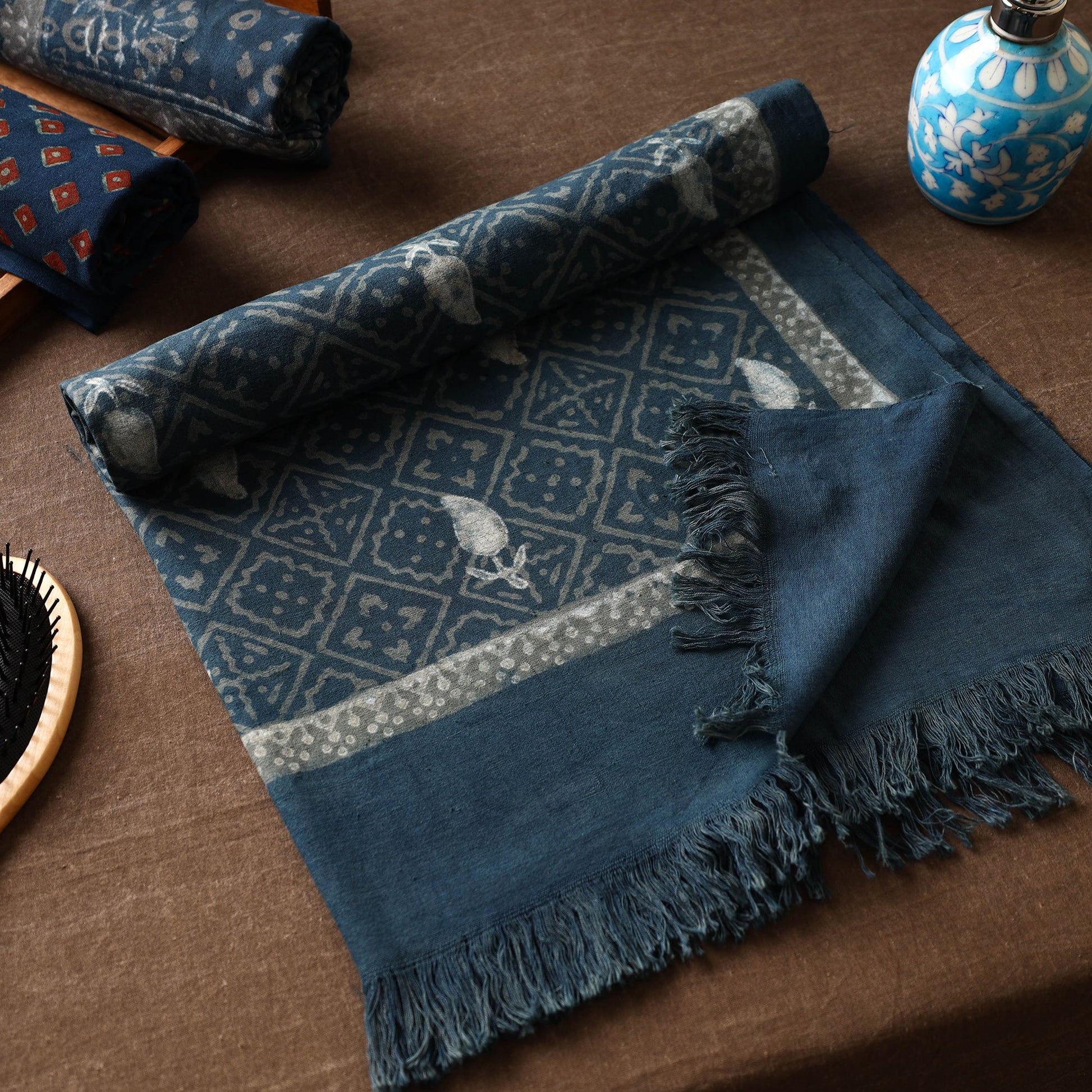 Blue - Akola Block Printed Pure Handloom Cotton Towel