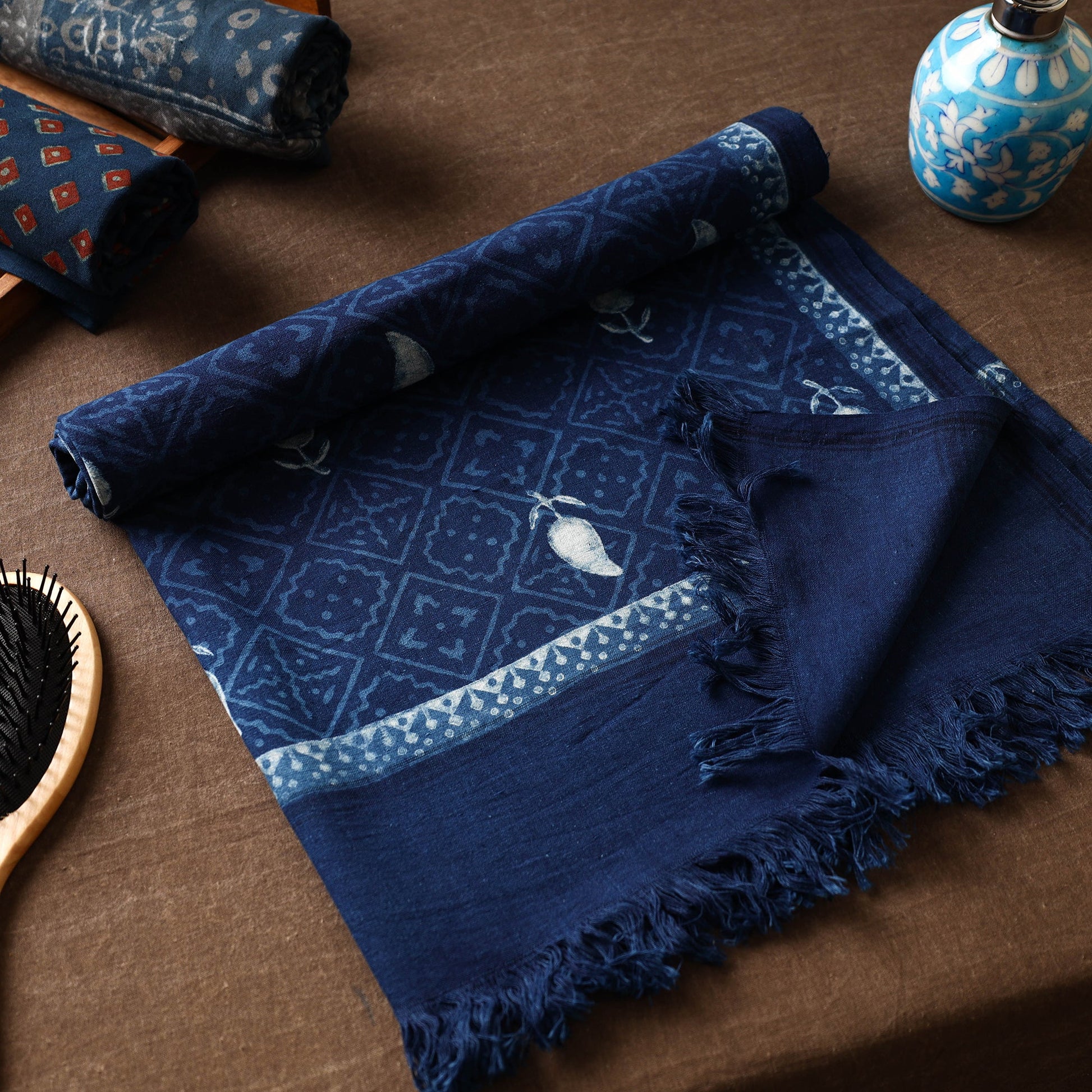 Blue - Akola Block Printed Pure Handloom Cotton Towel