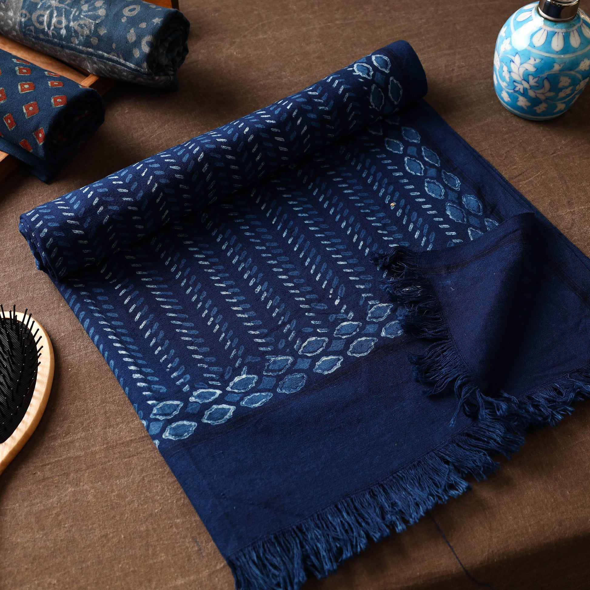 Blue - Akola Block Printed Pure Handloom Cotton Towel