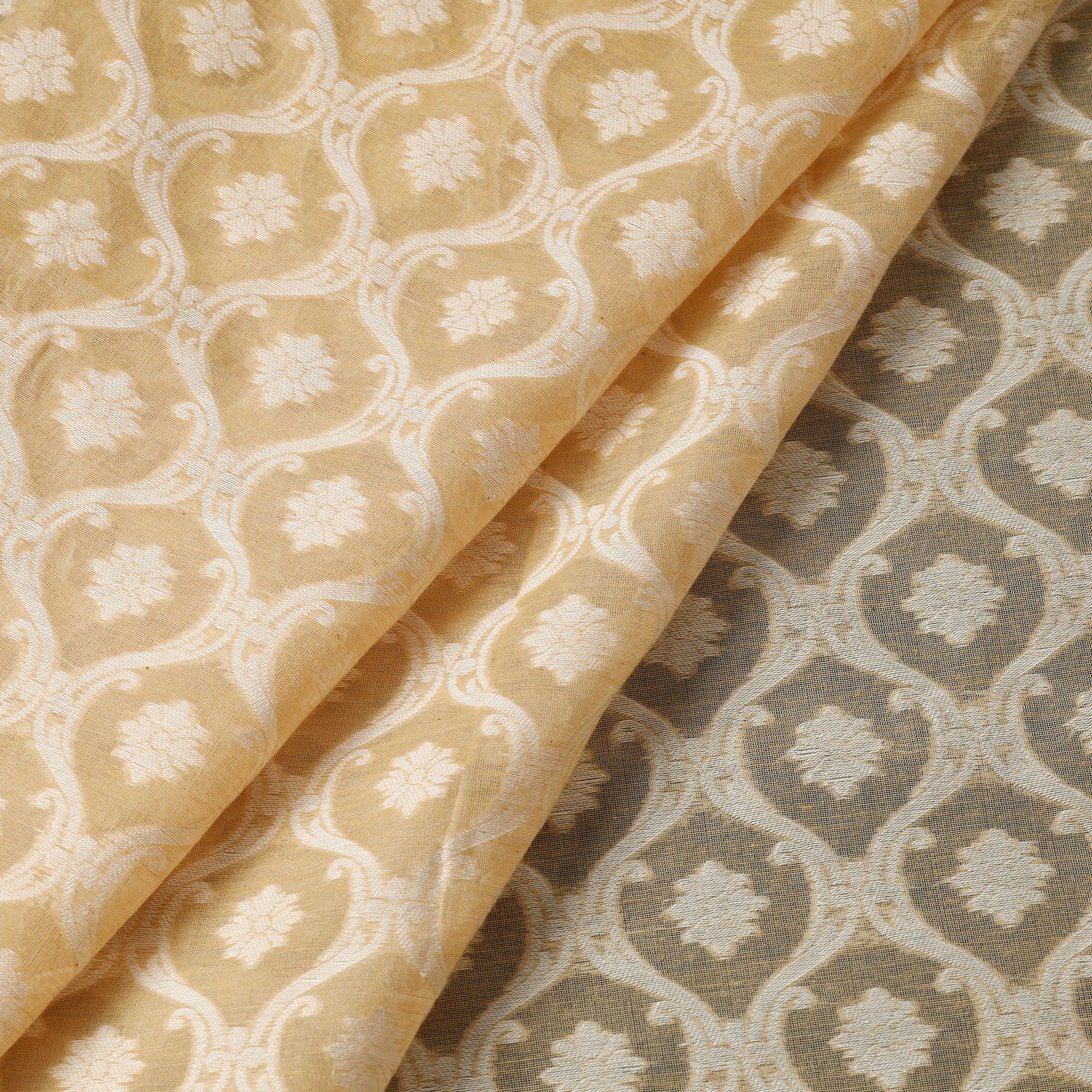 Beige - Pure Banarasi Handwoven Cutwork Buti Cotton Fabric