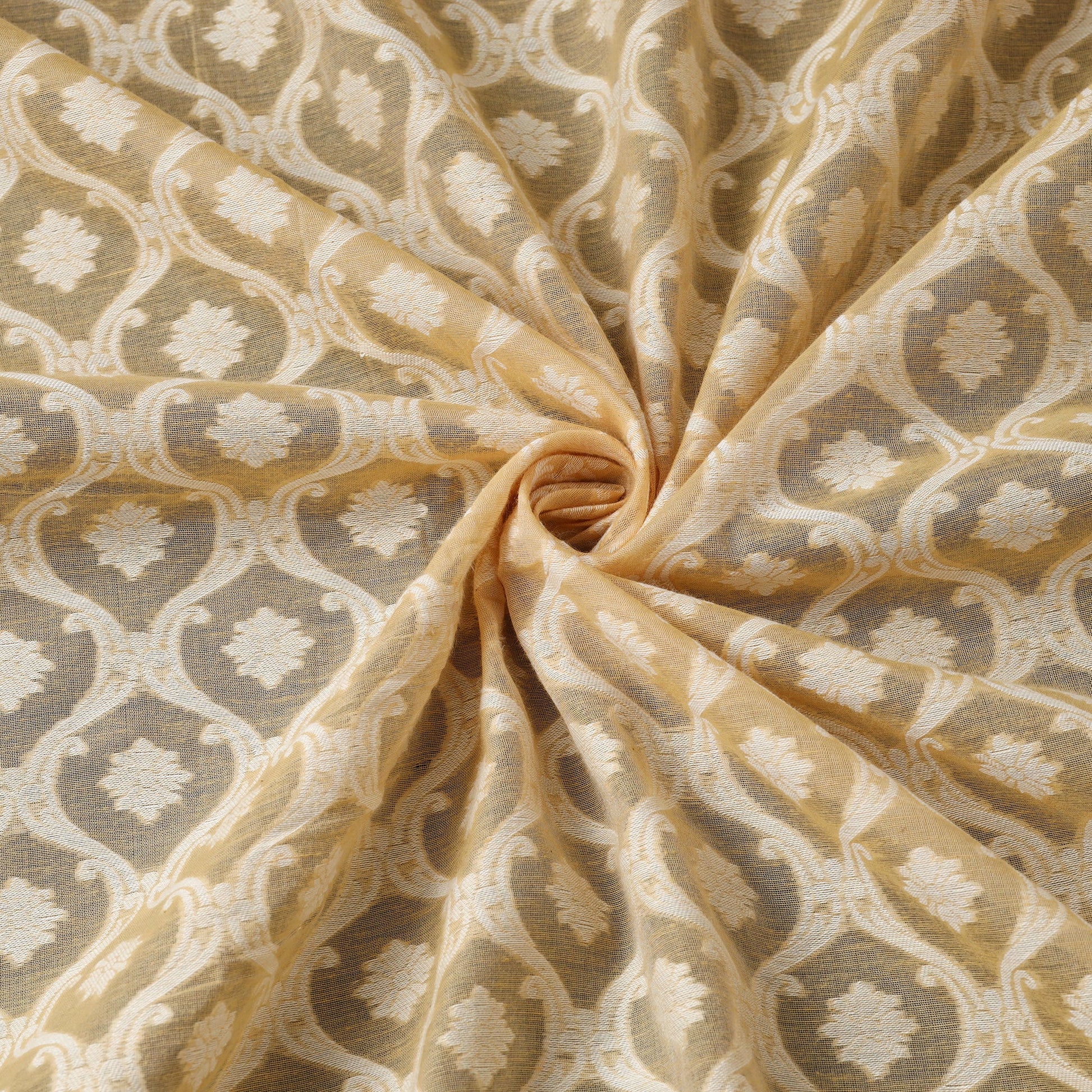Beige - Pure Banarasi Handwoven Cutwork Buti Cotton Fabric