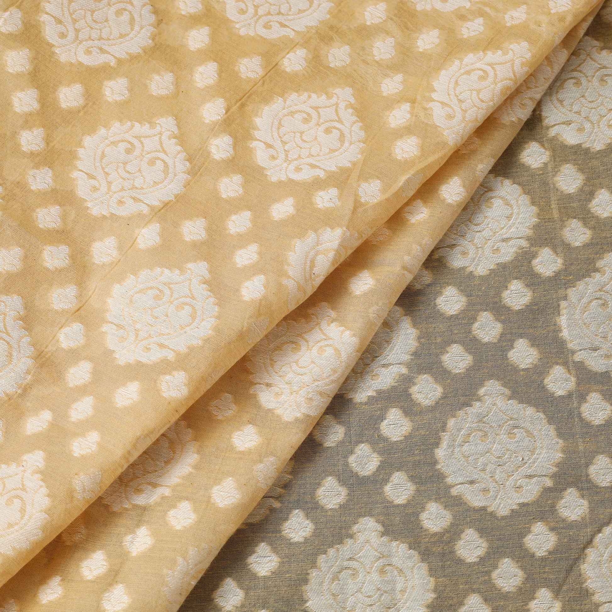 Beige - Pure Banarasi Handwoven Cutwork Buti Cotton Fabric