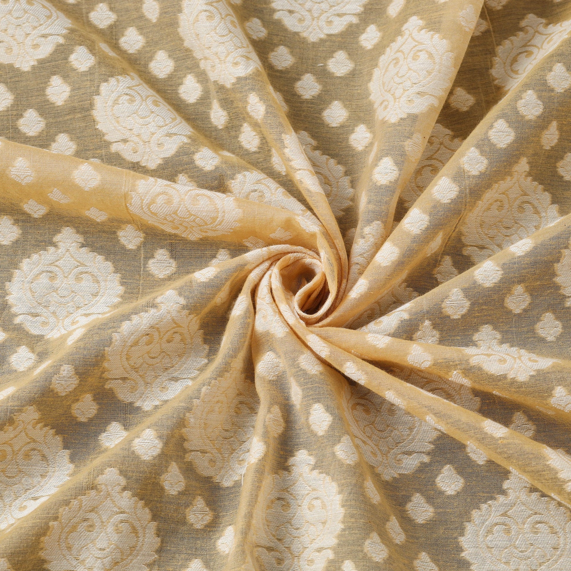 Beige - Pure Banarasi Handwoven Cutwork Buti Cotton Fabric