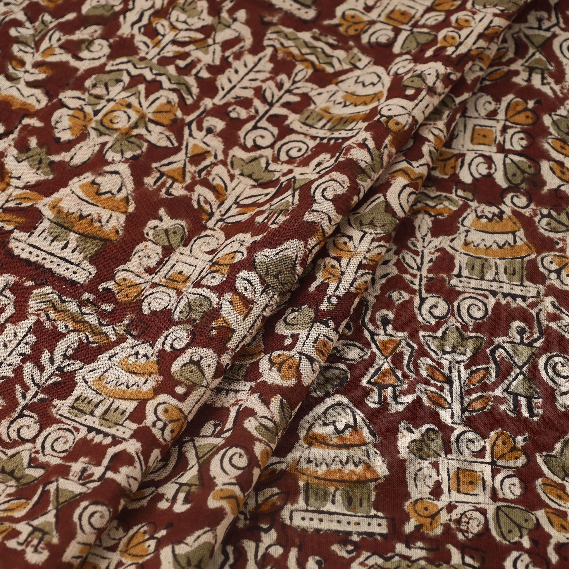 Brown - Pedana Hand Block Print Mul Cotton Kalamkari Fabric 01