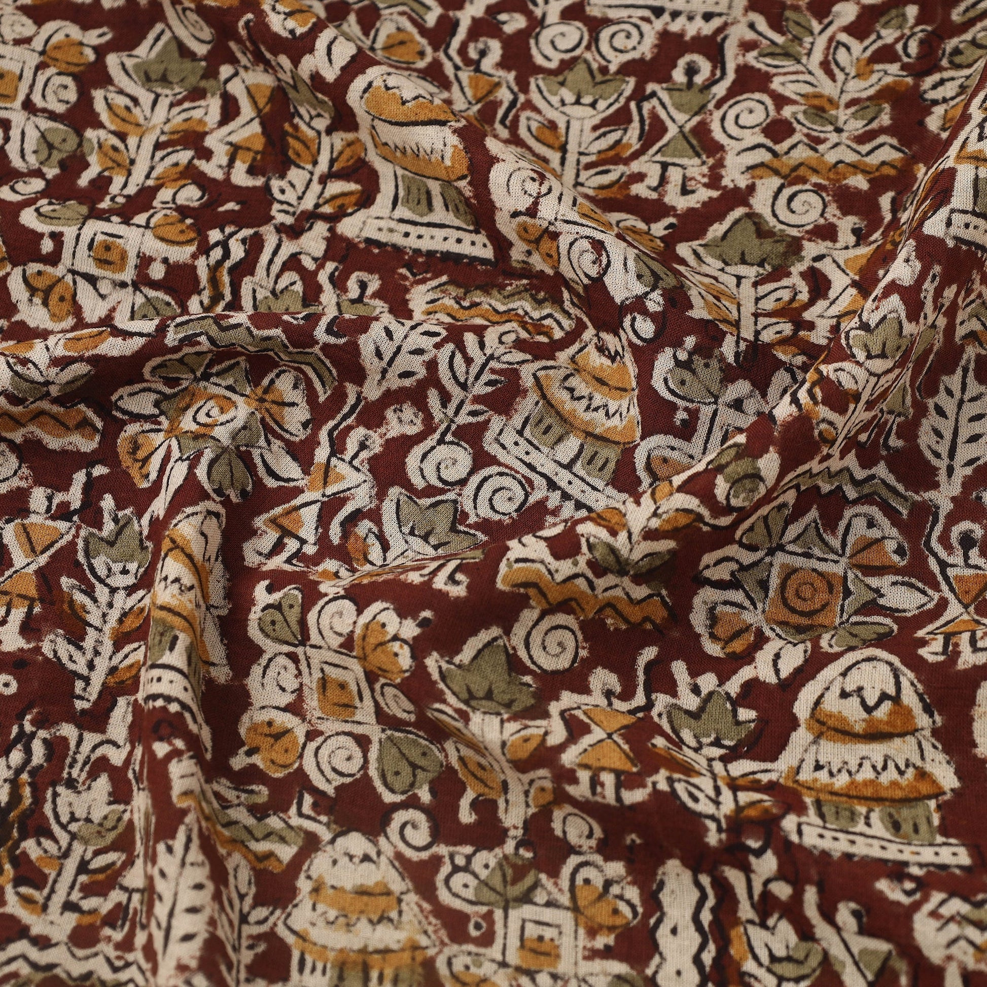 Brown - Pedana Hand Block Print Mul Cotton Kalamkari Fabric 01