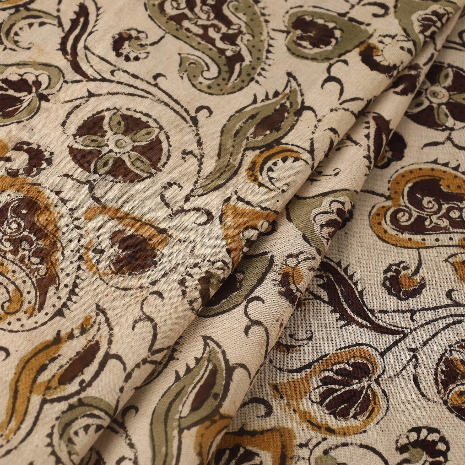 Beige - Pedana Hand Block Print Mul Cotton Kalamkari Fabric 02