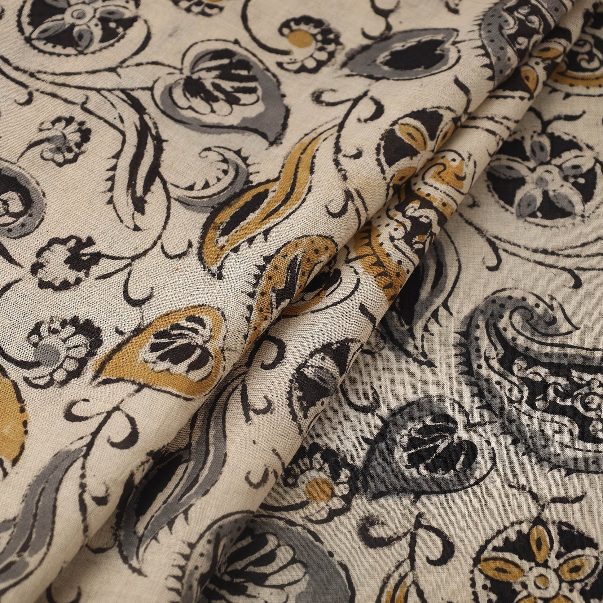 Beige - Pedana Hand Block Print Mul Cotton Kalamkari Fabric 08