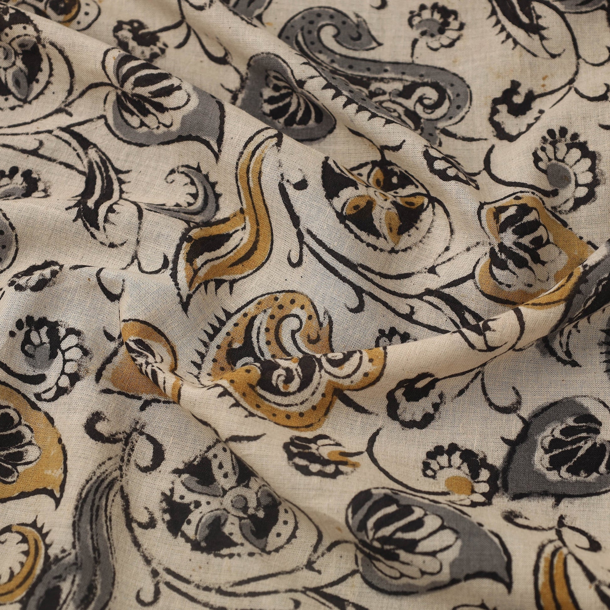 Beige - Pedana Hand Block Print Mul Cotton Kalamkari Fabric 08