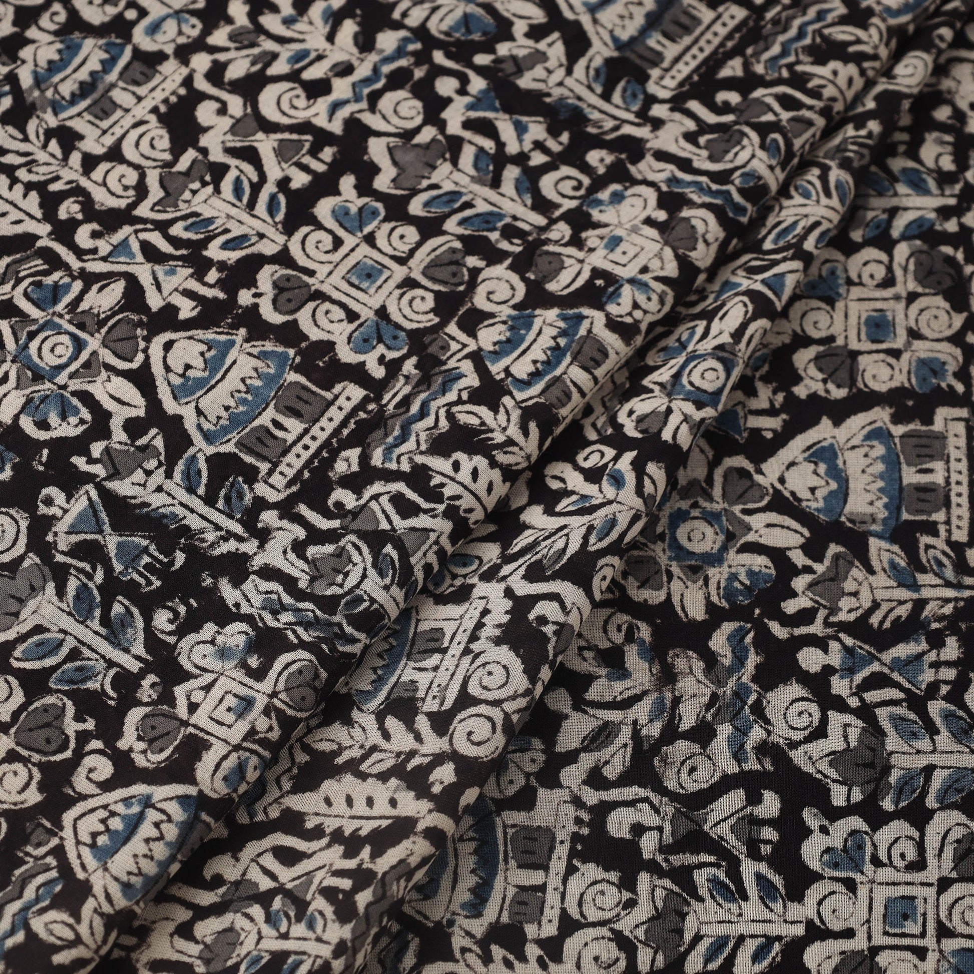 Black - Pedana Hand Block Print Mul Cotton Kalamkari Fabric 11