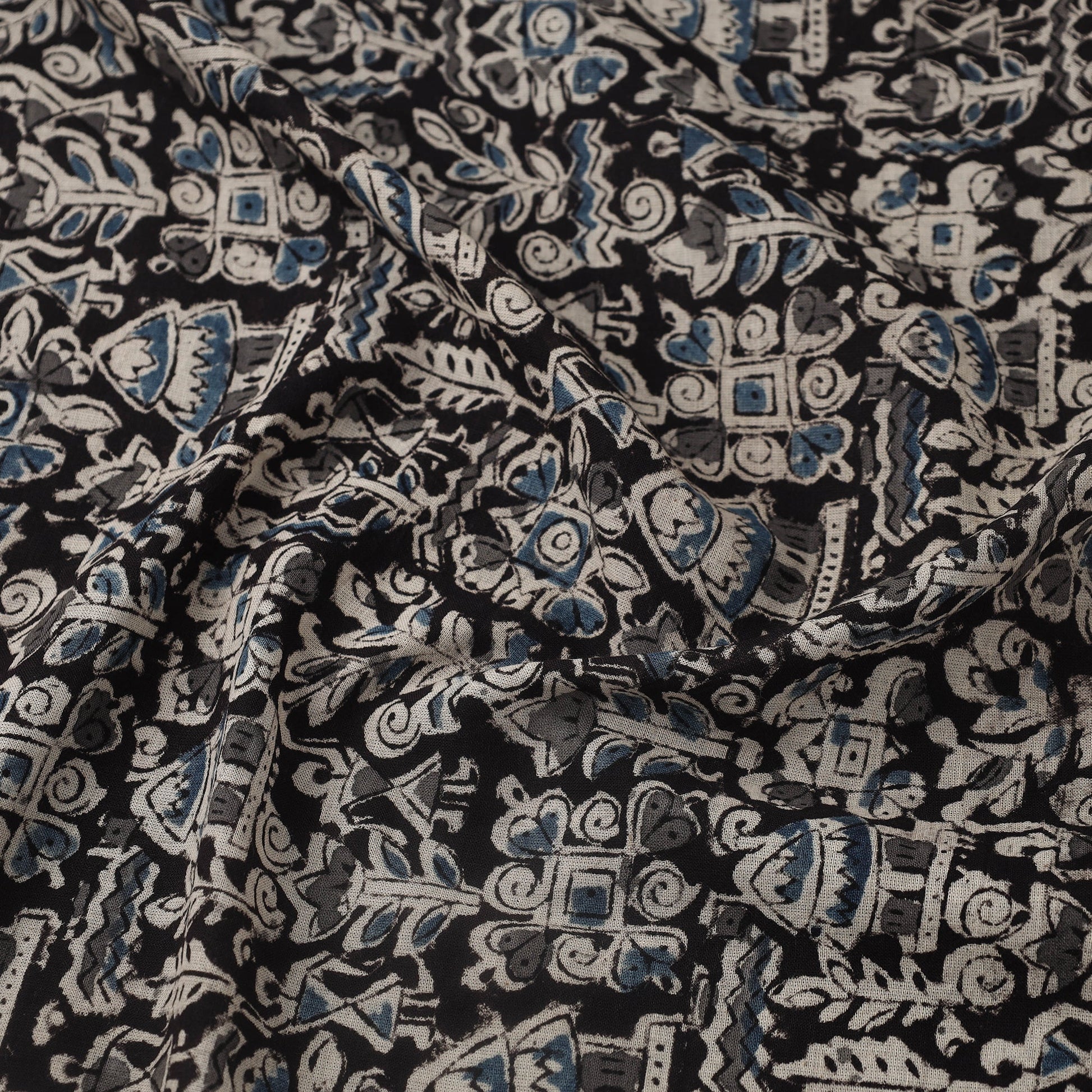 Black - Pedana Hand Block Print Mul Cotton Kalamkari Fabric 11