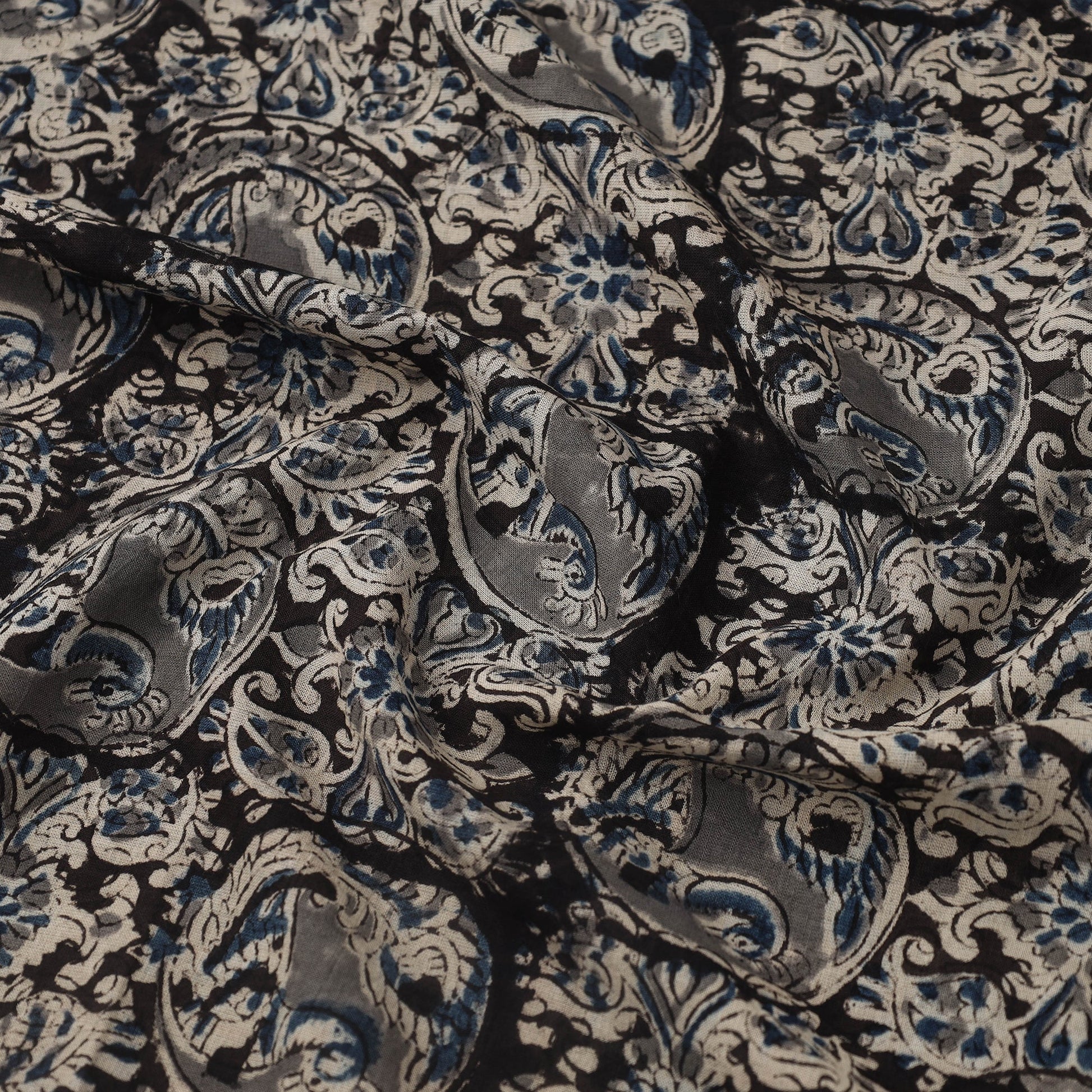 Black - Pedana Hand Block Print Mul Cotton Kalamkari Fabric 12