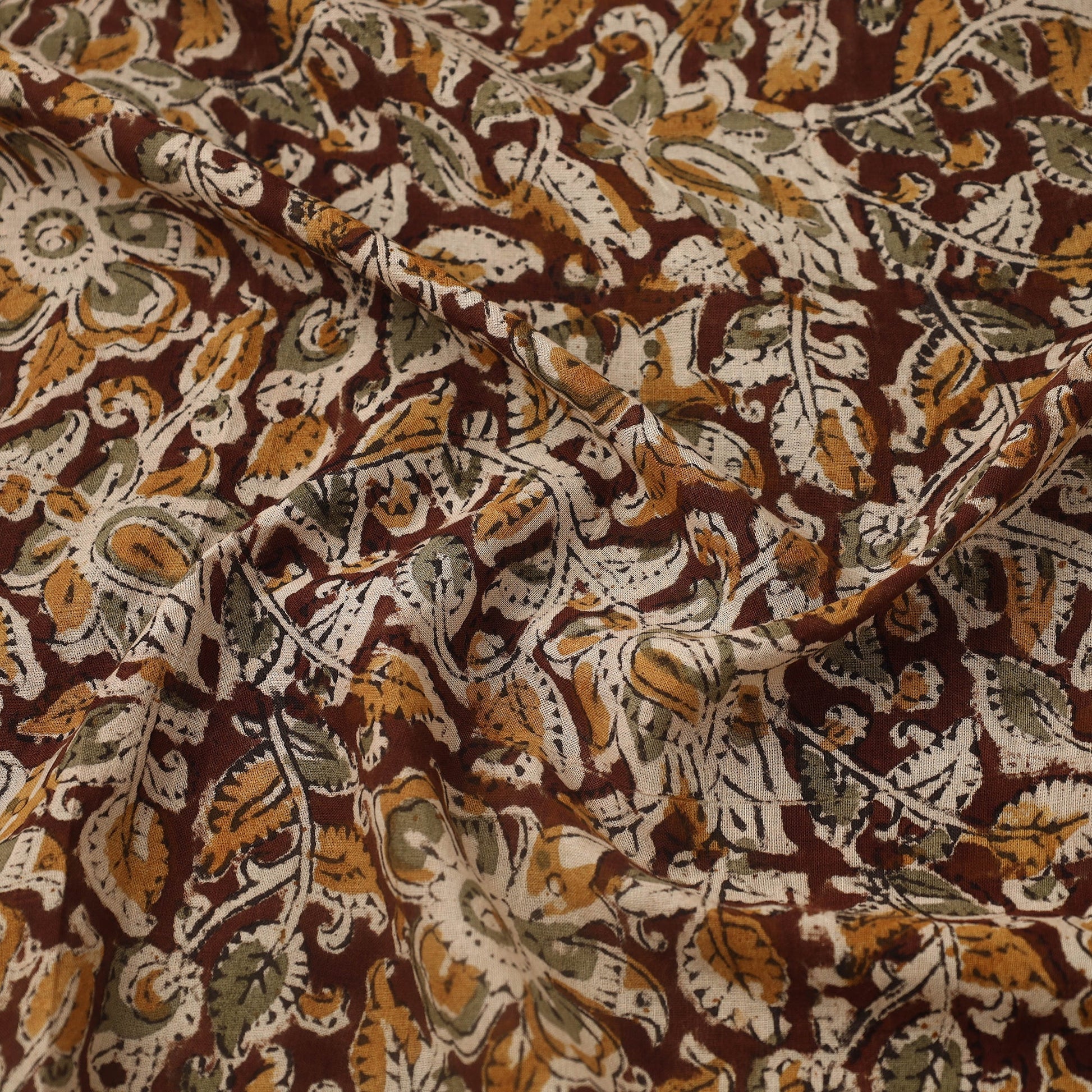Brown - Pedana Hand Block Print Mul Cotton Kalamkari Fabric 14