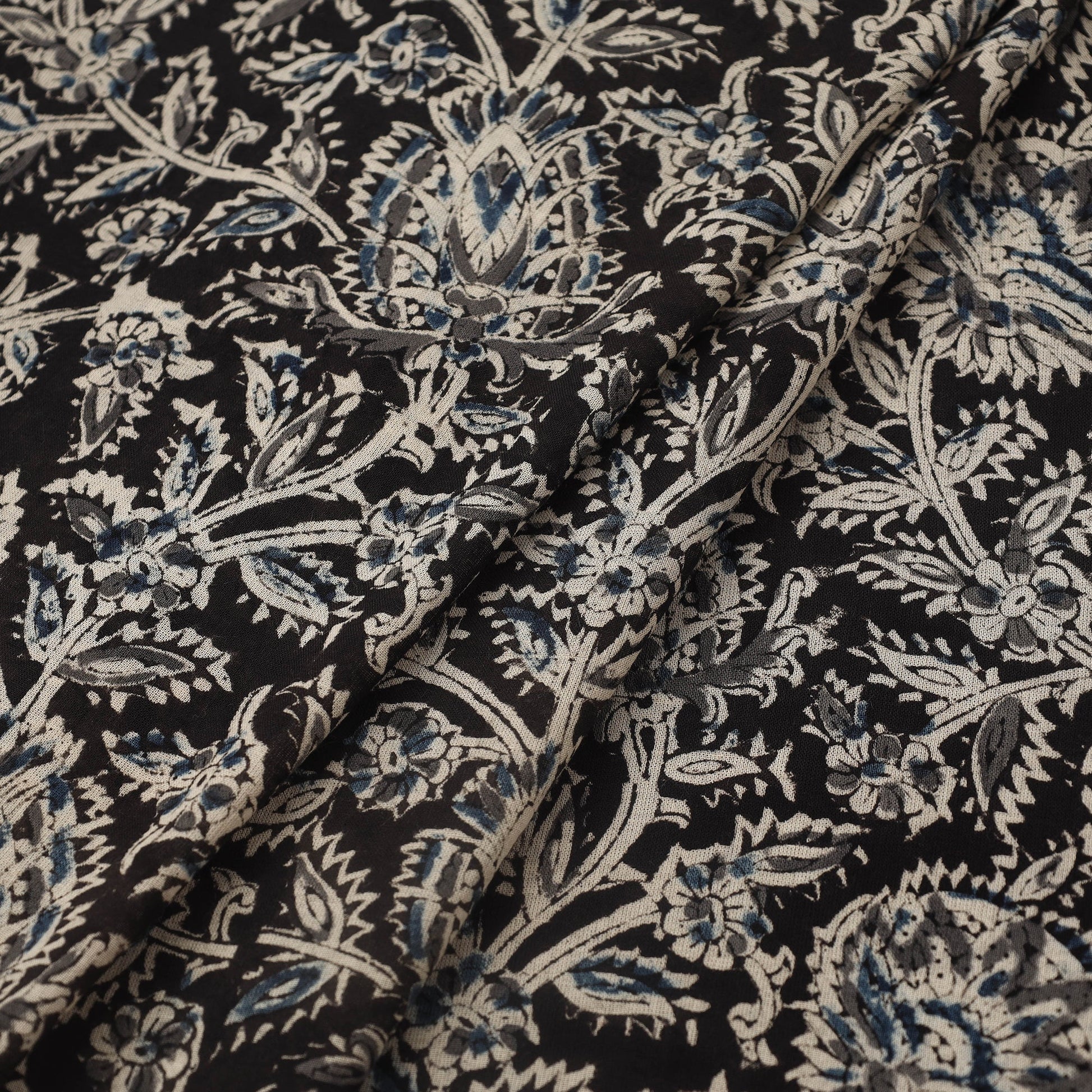 Black - Pedana Hand Block Print Mul Cotton Kalamkari Fabric 17