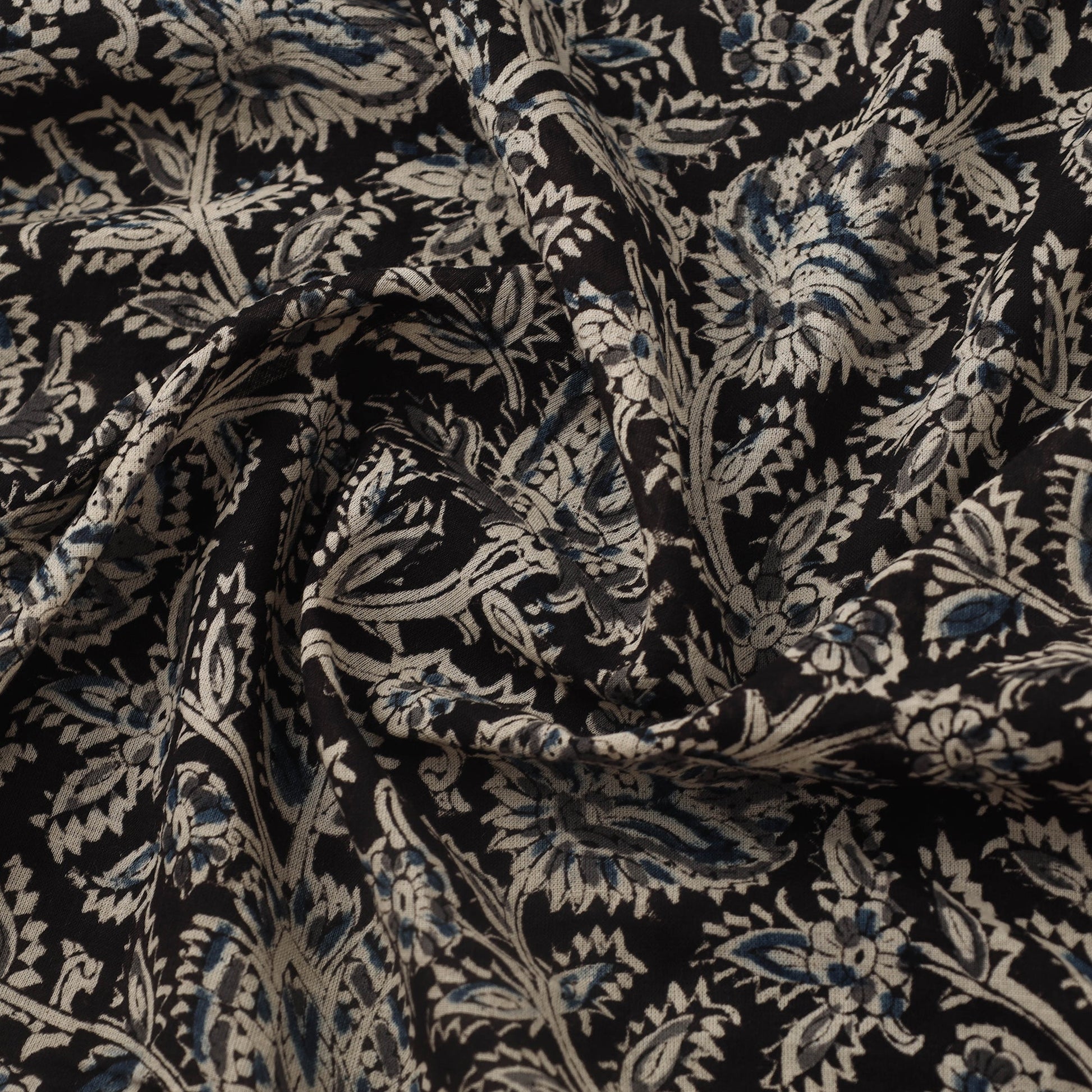 Black - Pedana Hand Block Print Mul Cotton Kalamkari Fabric 17