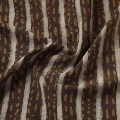 Brown - Hand Block Striped Print Cotton Akola Fabric