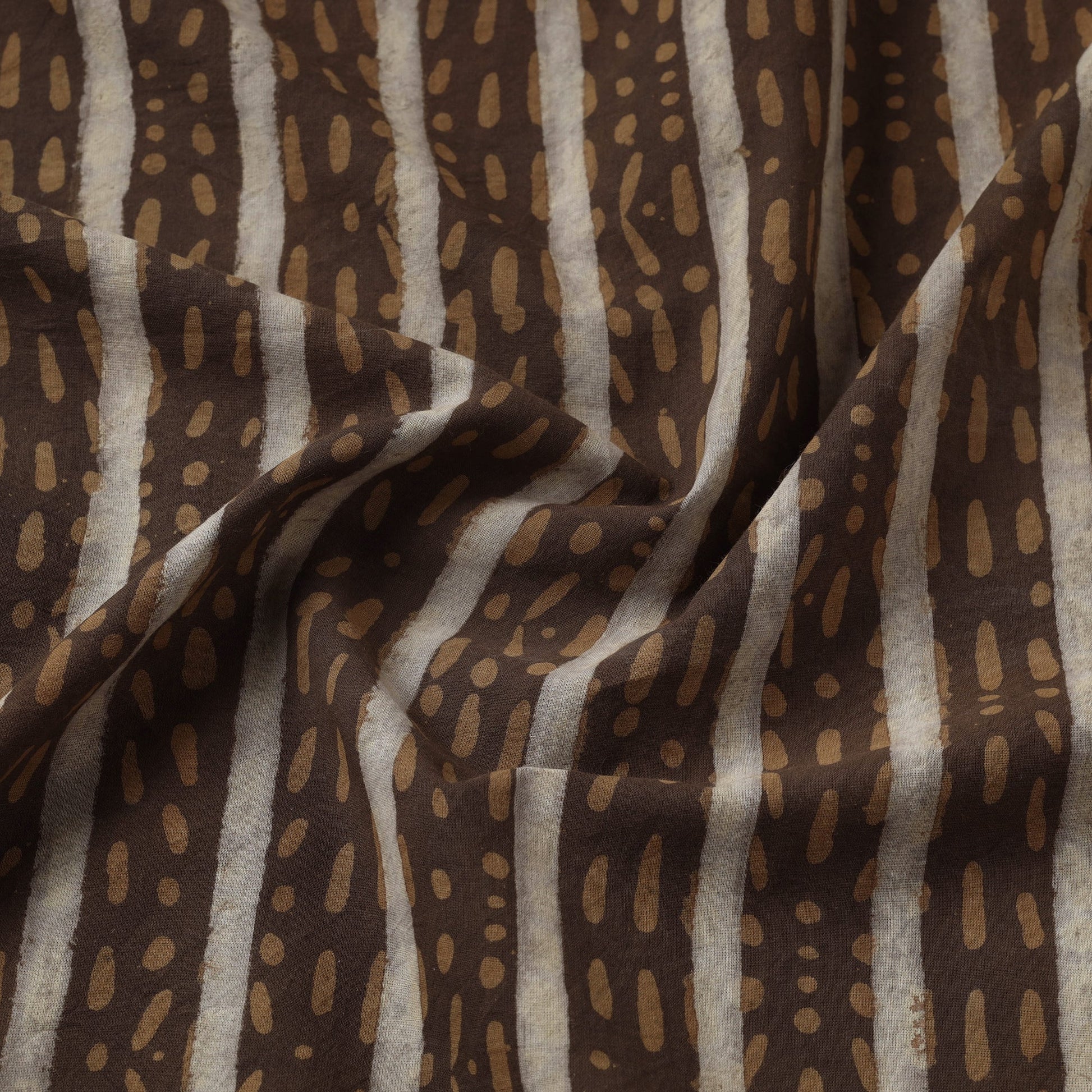 Brown - Hand Block Striped Print Cotton Akola Fabric