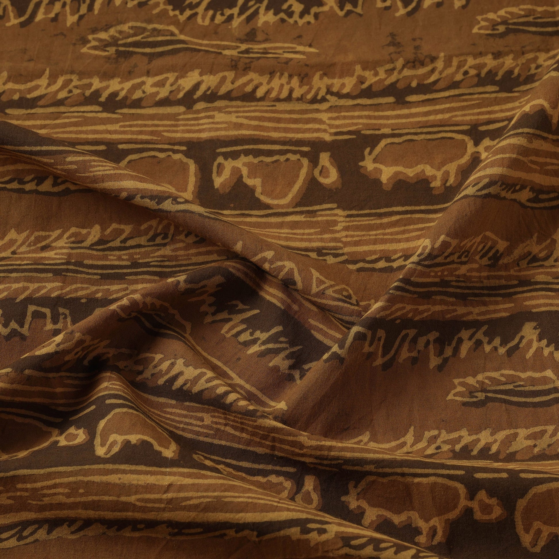 Brown - Hand Block Printed Cotton Akola Fabric