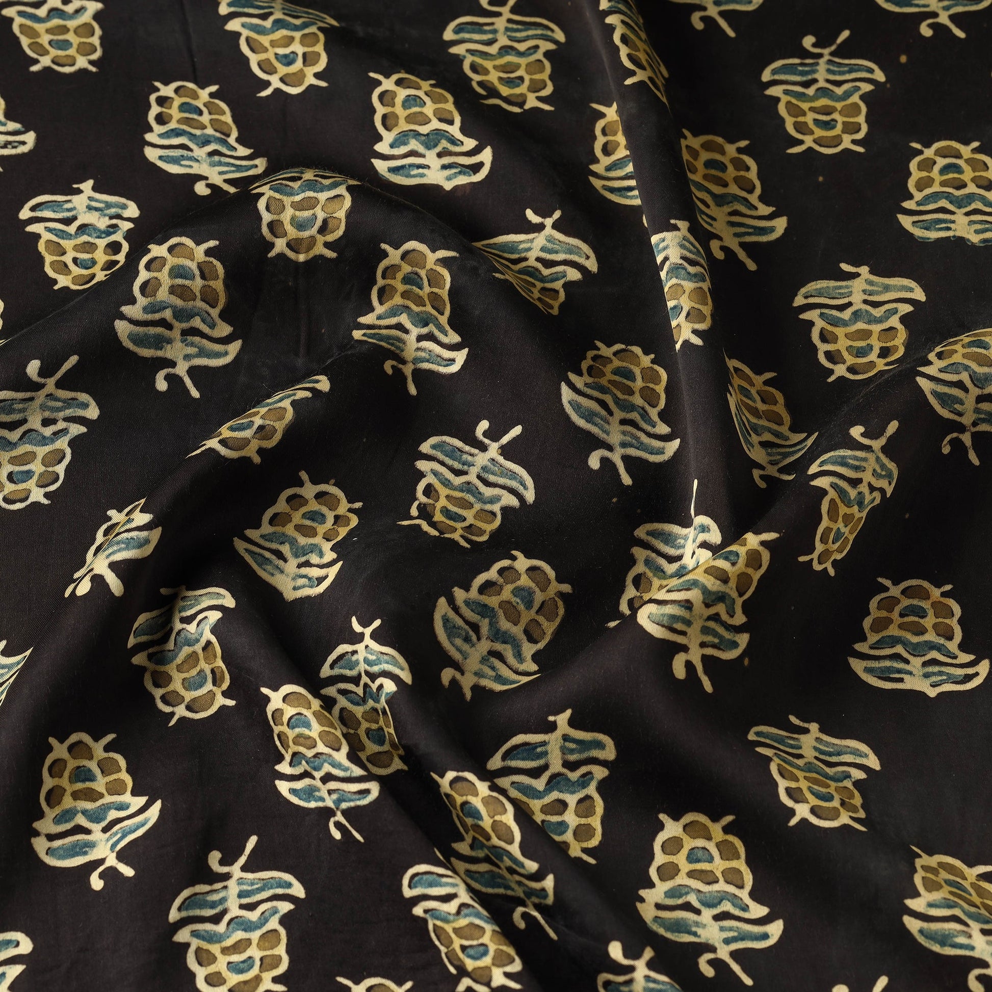 Black - Larch Butta Ajrakh Hand Block Printed Modal Silk Fabric