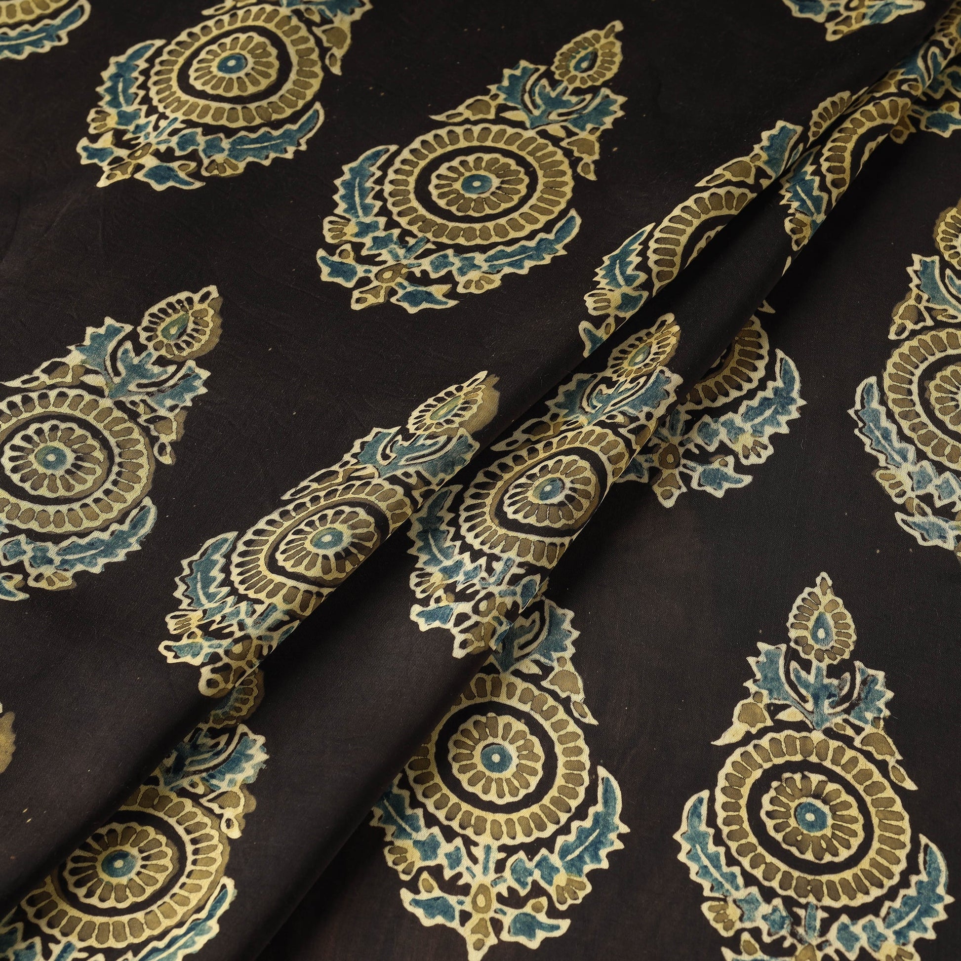 Black - Yellow Patterned Butta On Black Ajrakh Hand Block Printed Modal Silk Fabric