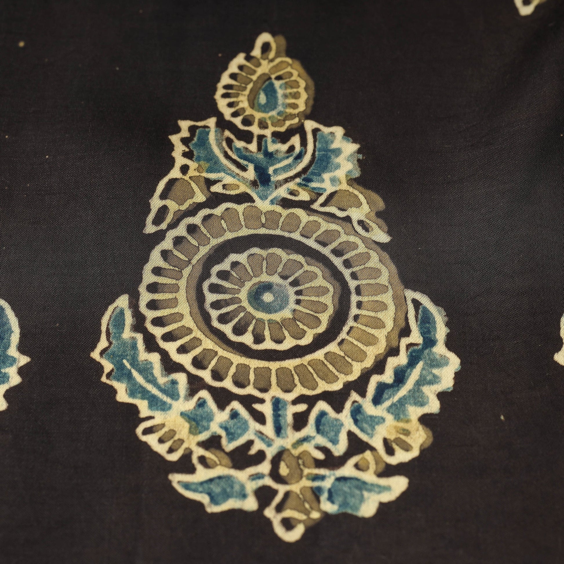 Black - Yellow Patterned Butta On Black Ajrakh Hand Block Printed Modal Silk Fabric
