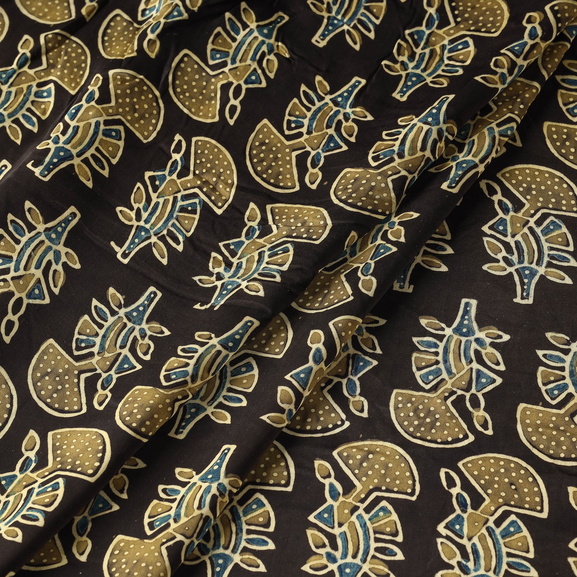 Black - Yellow Butta's On Black Ajrakh Hand Block Printed Modal Silk Fabric