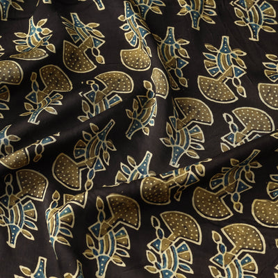 Black - Yellow Butta's On Black Ajrakh Hand Block Printed Modal Silk Fabric