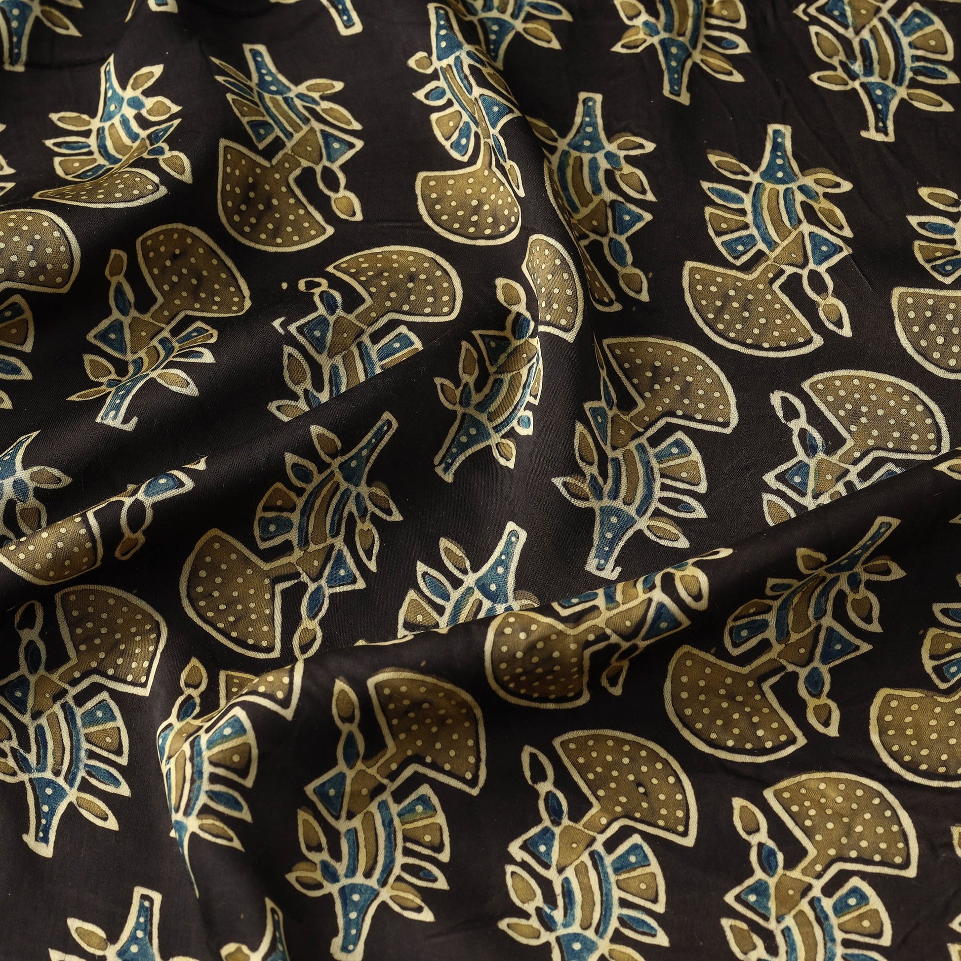 Black - Yellow Butta's On Black Ajrakh Hand Block Printed Modal Silk Fabric