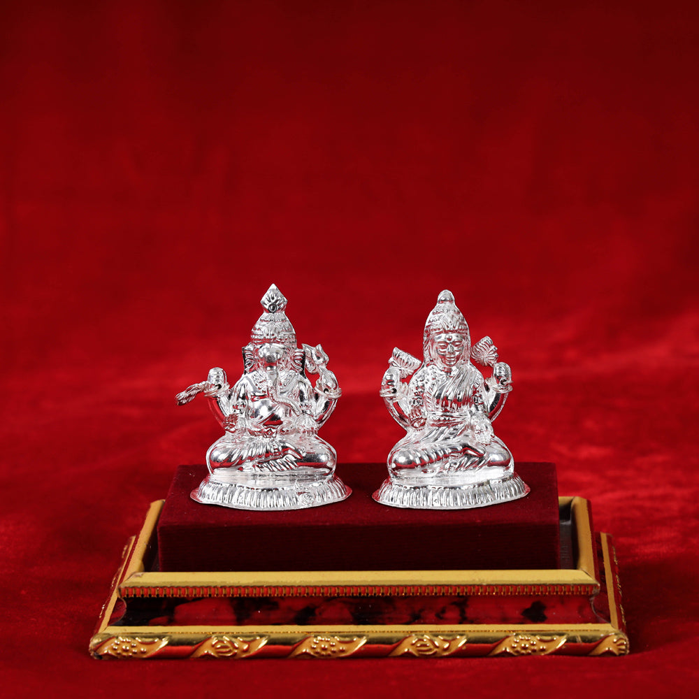 (2.5 in) Silver Lakshmi and Ganesh Idol (Medium) (50 Grams)