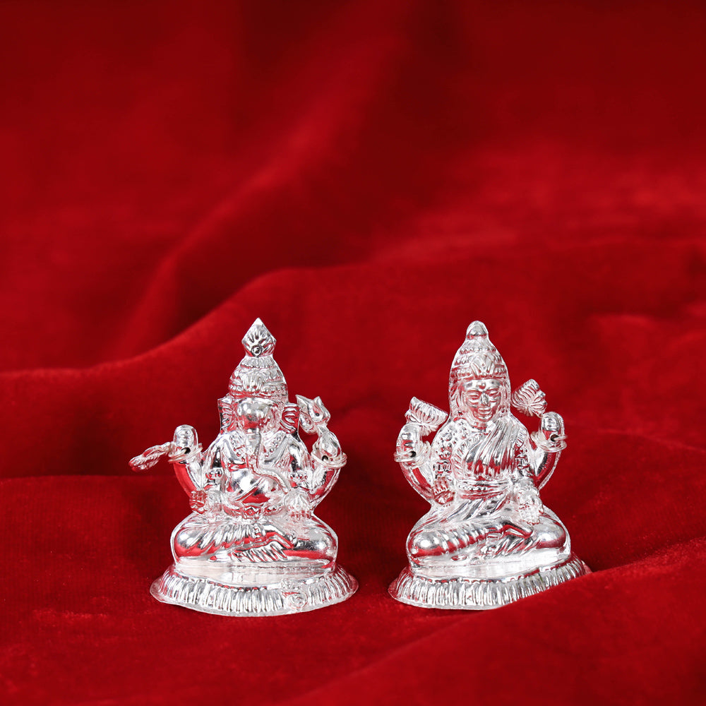 (2.5 in) Silver Lakshmi and Ganesh Idol (Medium) (50 Grams)