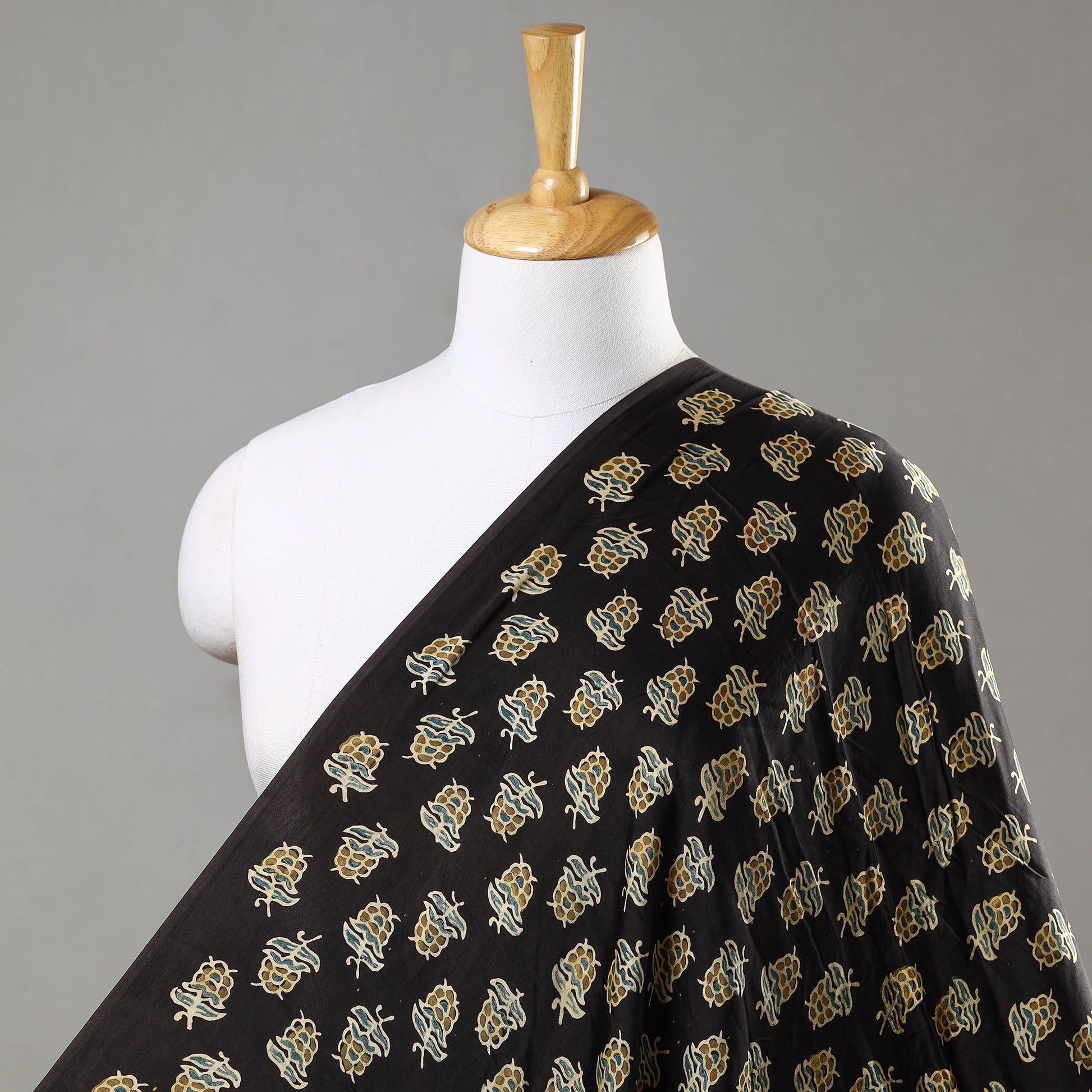 Black - Larch Butta Ajrakh Hand Block Printed Modal Silk Fabric