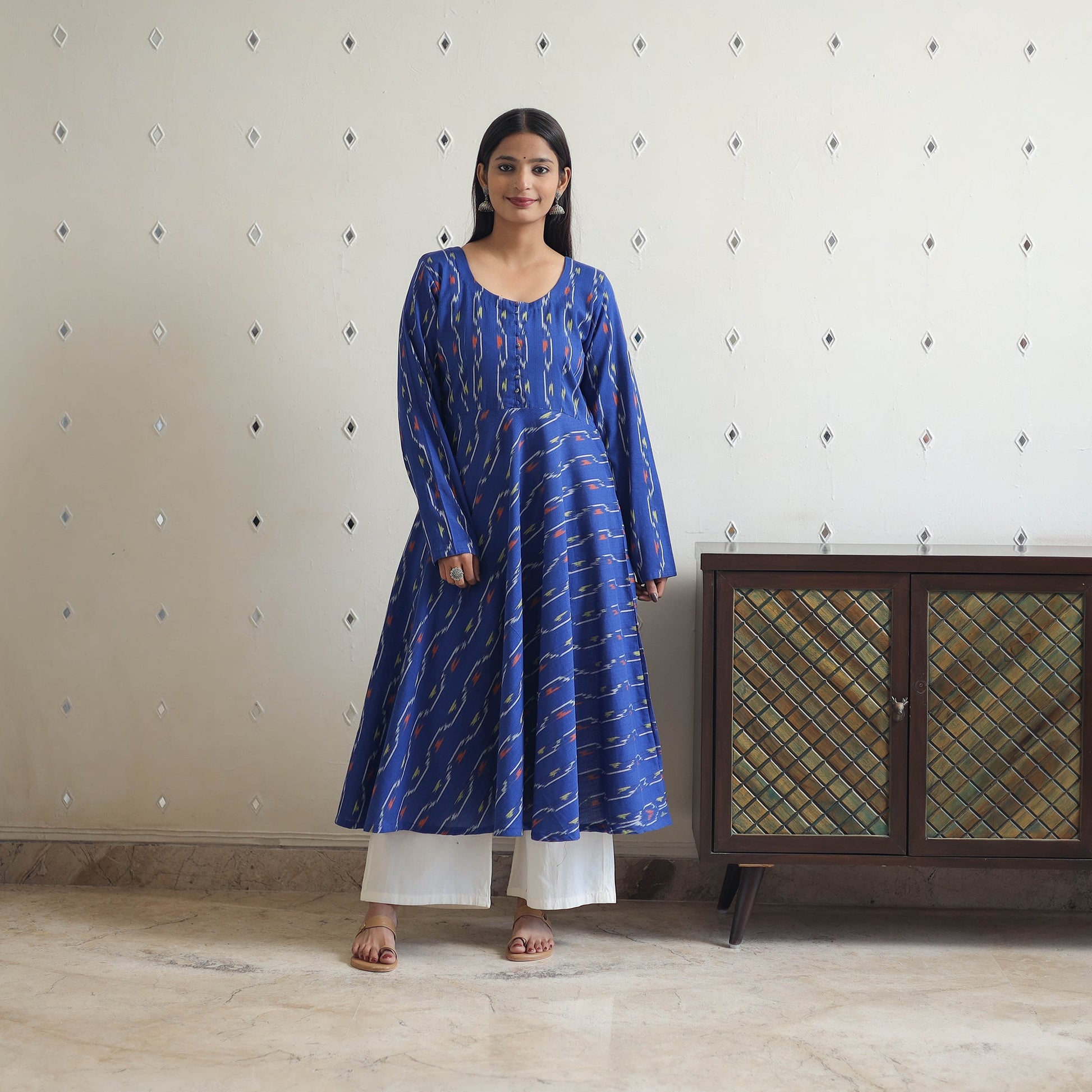Blue - Cotton Flared Pochampally Ikat Kurta 12