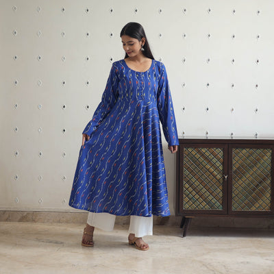 Blue - Cotton Flared Pochampally Ikat Kurta 12