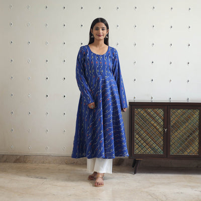Blue - Cotton Flared Pochampally Ikat Kurta 12