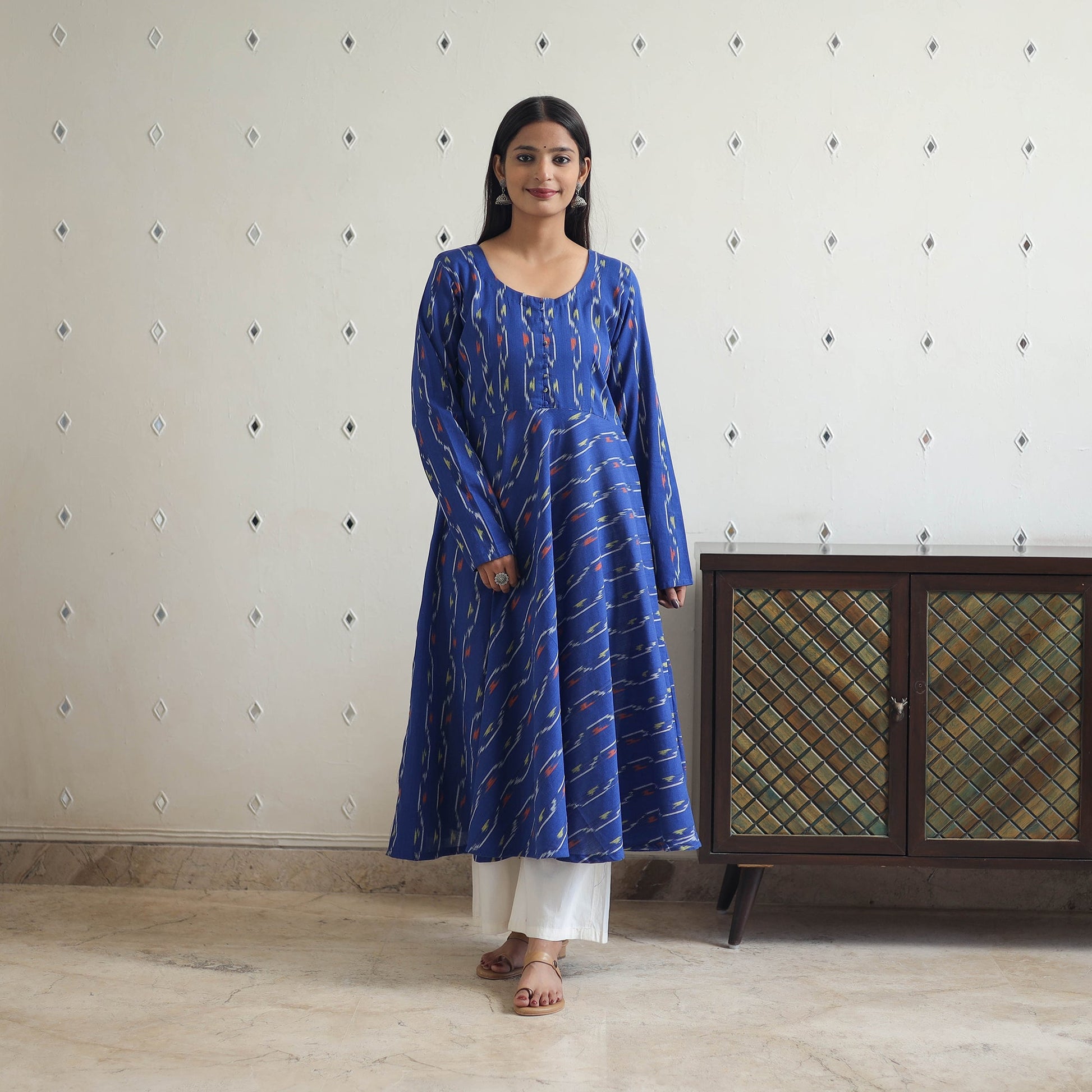 Blue - Cotton Flared Pochampally Ikat Kurta 12