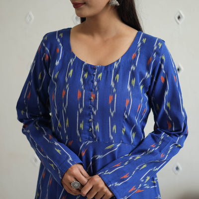 Blue - Cotton Flared Pochampally Ikat Kurta 12