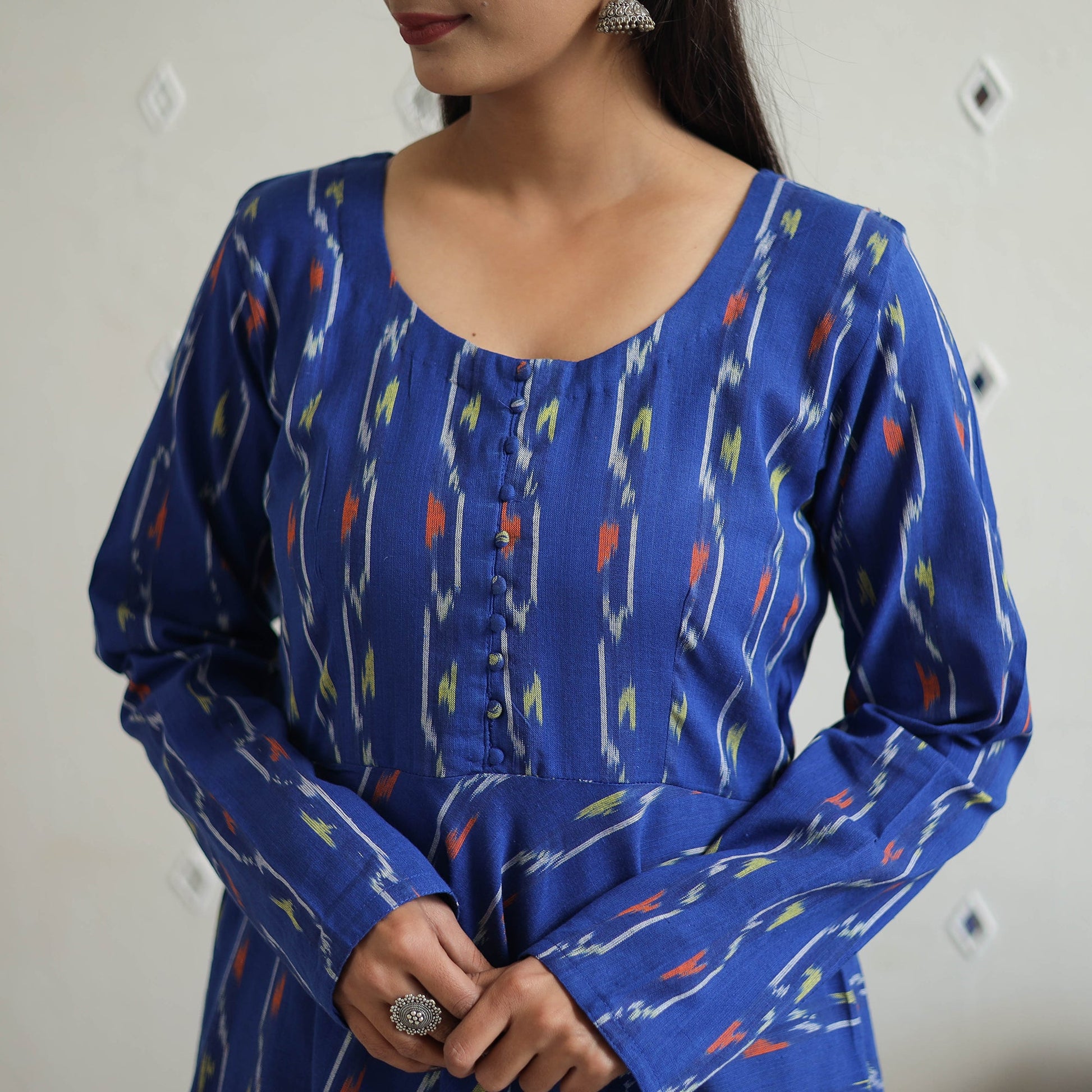 Blue - Cotton Flared Pochampally Ikat Kurta 12
