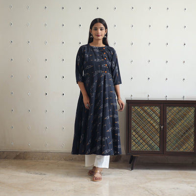 Blue - Cotton Flared Pochampally Ikat Kurta 20