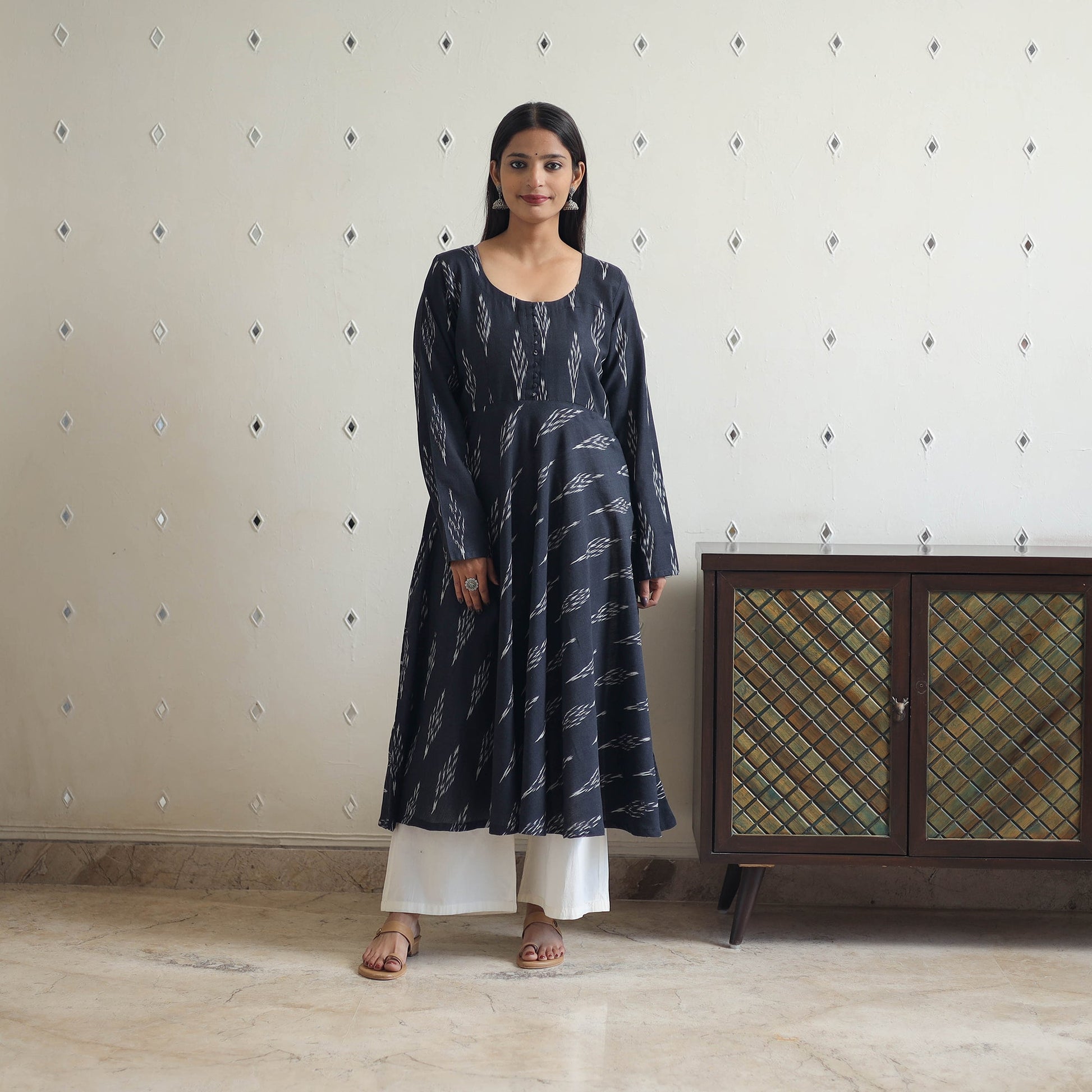 Black - Cotton Flared Pochampally Ikat Kurta 14