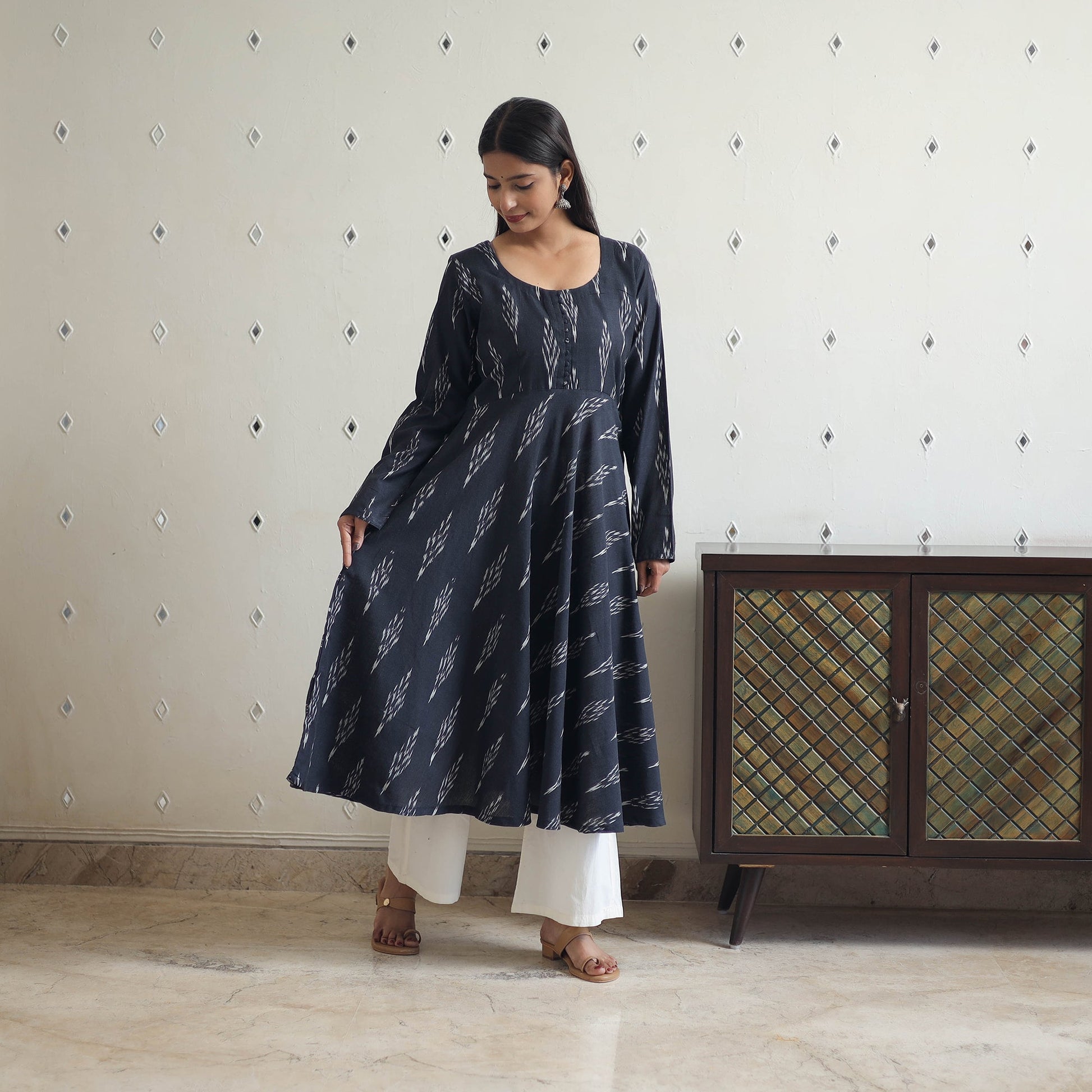 Black - Cotton Flared Pochampally Ikat Kurta 14