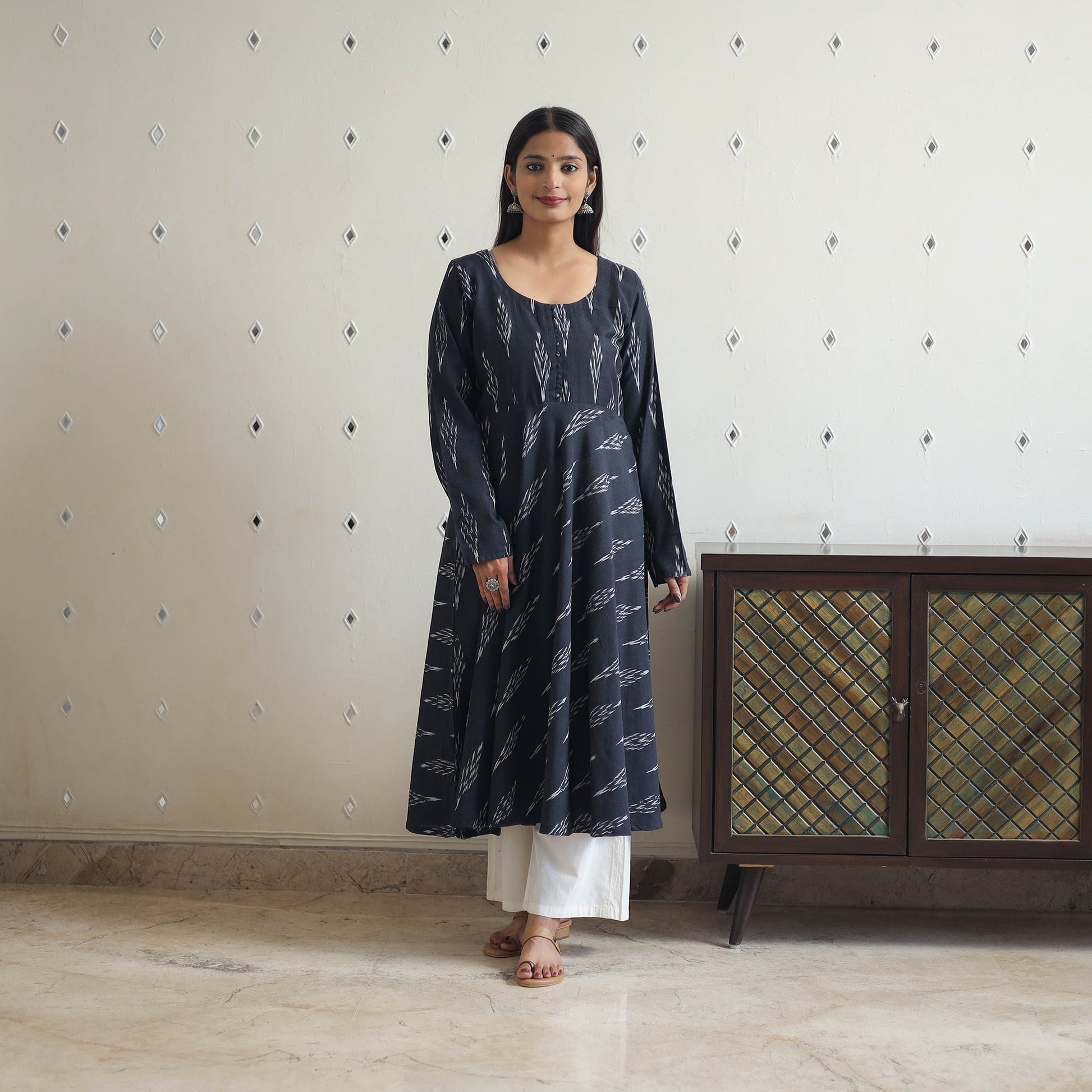 Black - Cotton Flared Pochampally Ikat Kurta 14