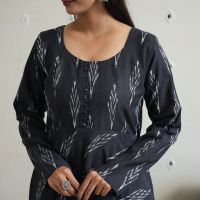Black - Cotton Flared Pochampally Ikat Kurta 14