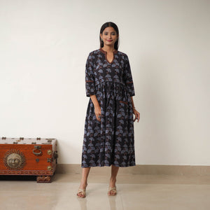 Black - Hand Block Print Cotton Flared Gher Ajrakh Dress 06