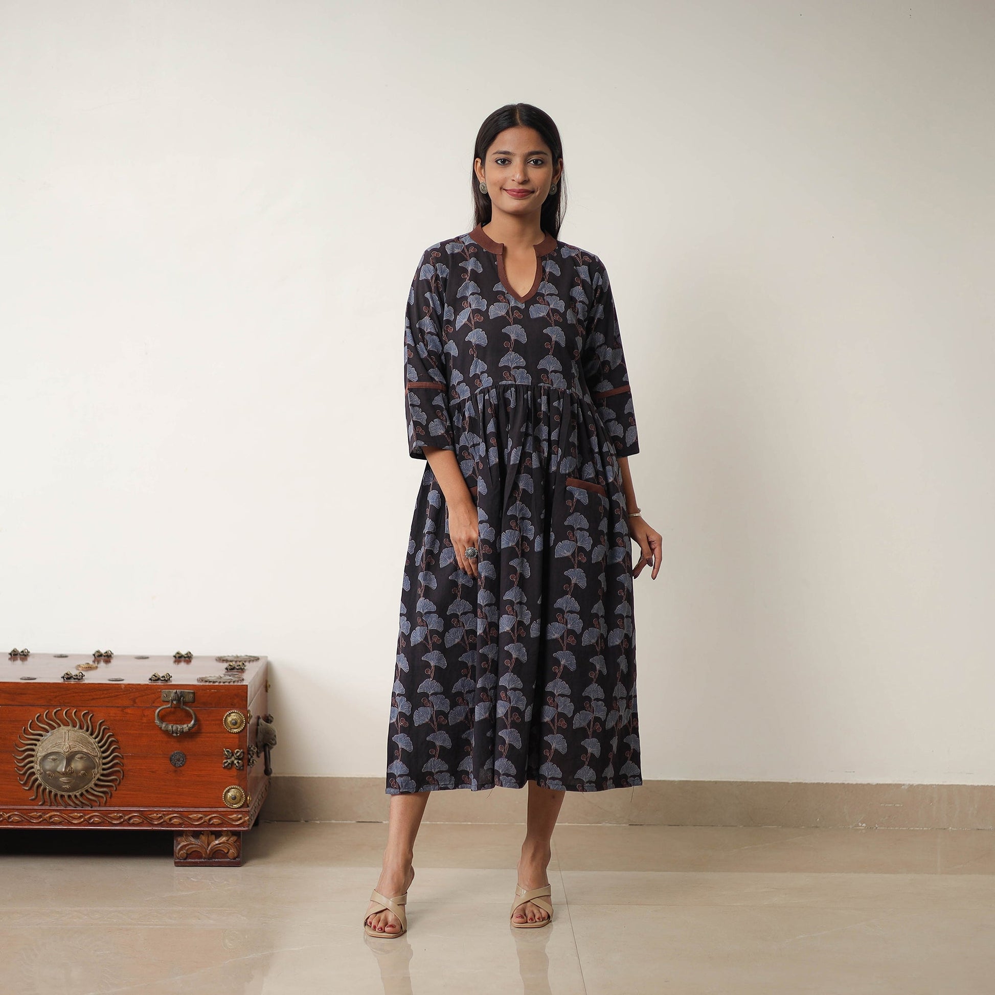 Black - Hand Block Print Cotton Flared Gher Ajrakh Dress 06