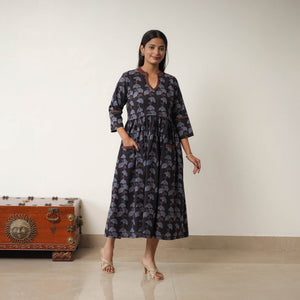 Black - Hand Block Print Cotton Flared Gher Ajrakh Dress 06