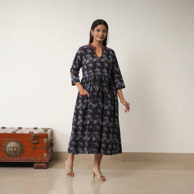 Black - Hand Block Print Cotton Flared Gher Ajrakh Dress 06