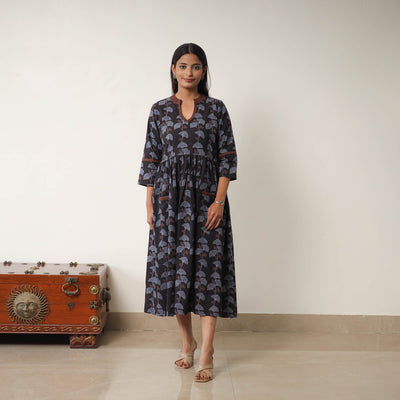Black - Hand Block Print Cotton Flared Gher Ajrakh Dress 06