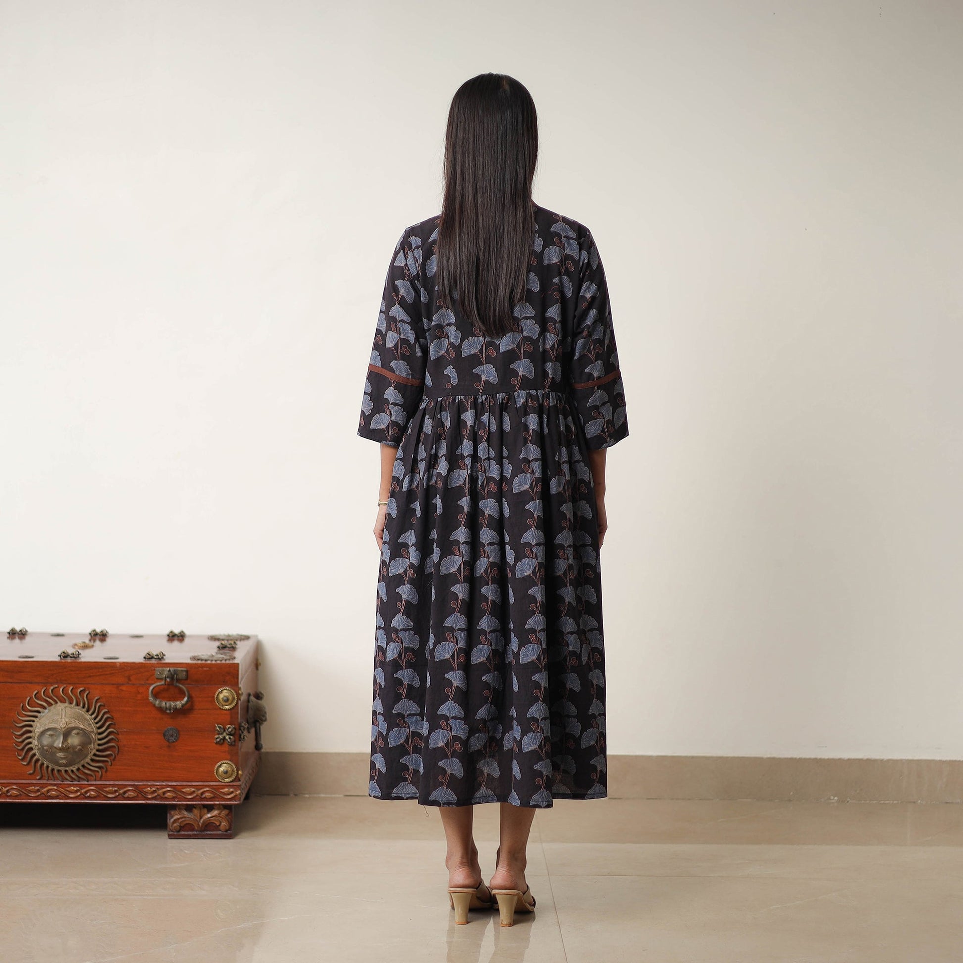 Black - Hand Block Print Cotton Flared Gher Ajrakh Dress 06