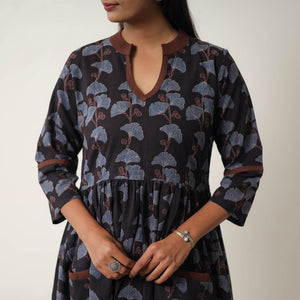 Black - Hand Block Print Cotton Flared Gher Ajrakh Dress 06